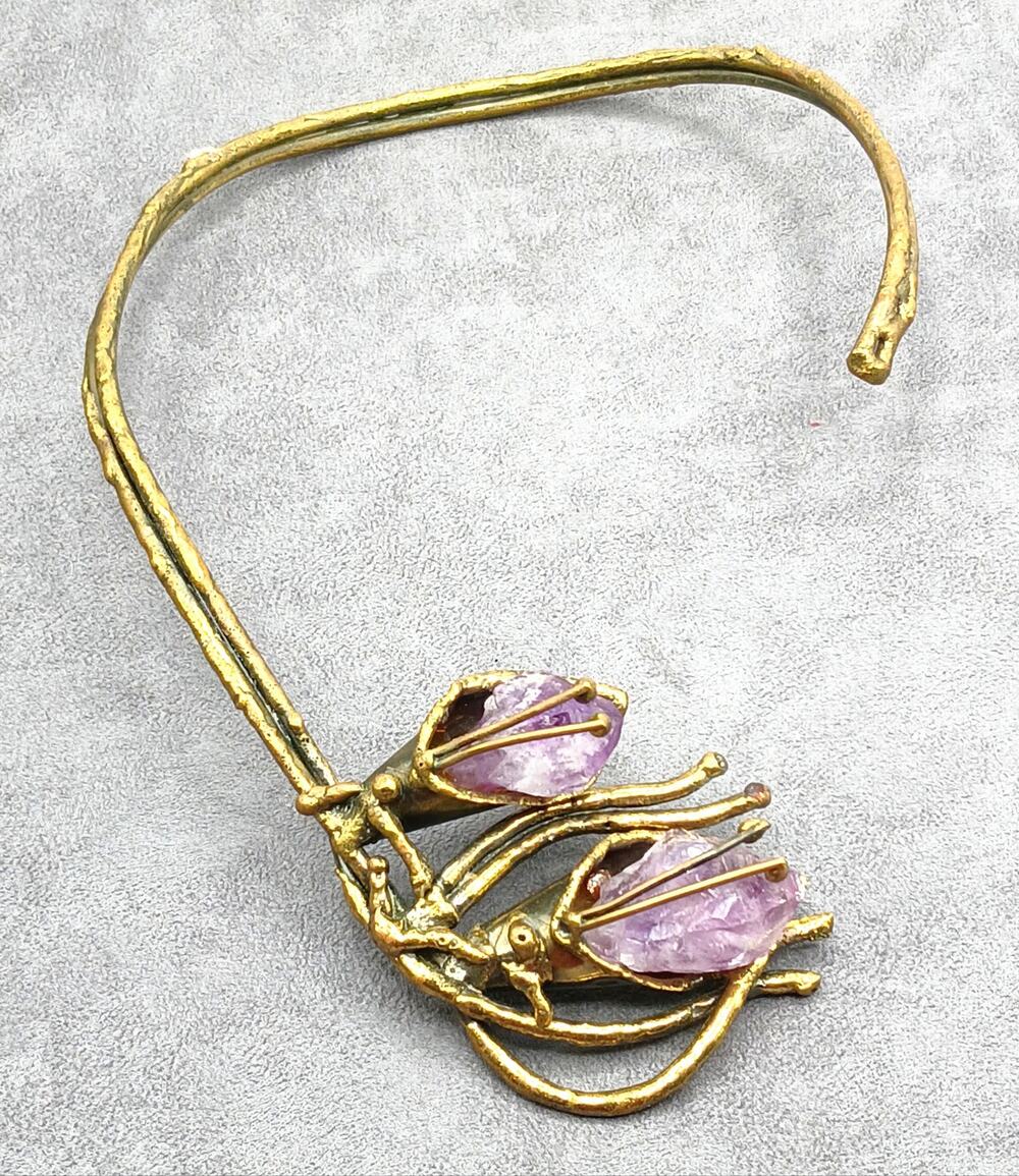Mid-Century Modern Brutalist Gold Tone Metal Collar Amethyst Necklace